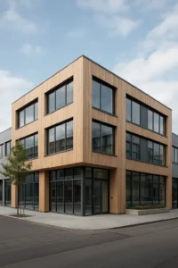 Tre-etagers moderne kontorbygning med træbeklædt facade og store glasvinduer på hjørnet af en byvej.
