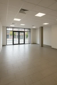 Et tomt butikslokale med flisegulv, hvide vægge og store vinduer, der vender ud mod gaden. Lokalet har et åbent og lyst udseende med et minimalistisk design.