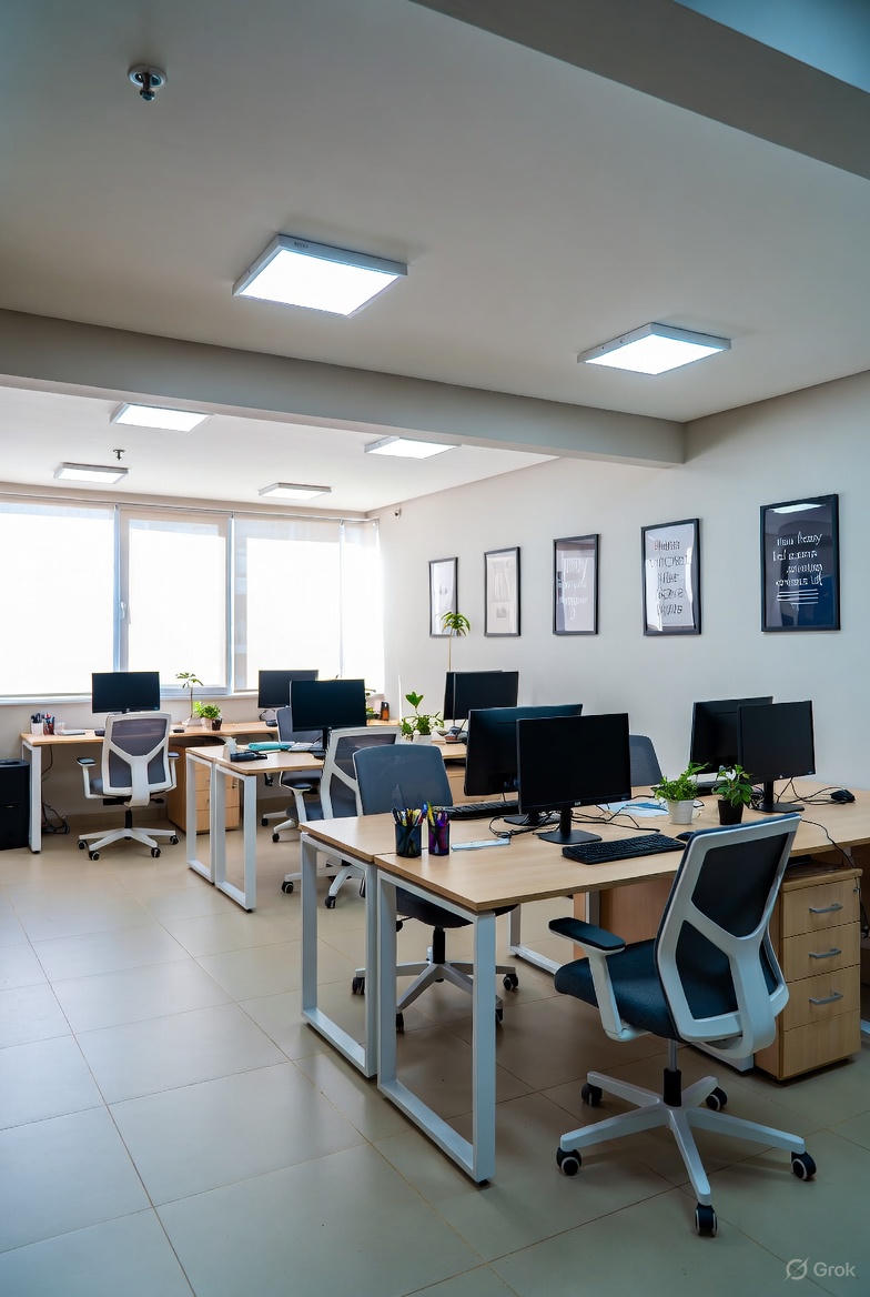 Moderne åbent kontorlandskab med hvide skriveborde, sorte ergonomiske mesh-kontorstole, store vinduer med lyse gardiner, grå og hvide vægge samt indirekte LED-belysning i loftet.