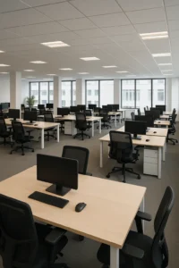 Coworking med arbejdsområder: borde med computere