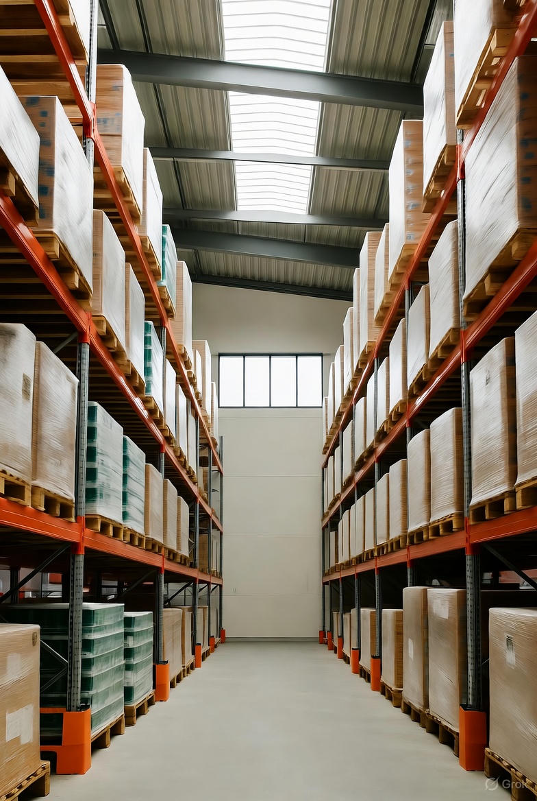 Et rent og velorganiseret lager med høje reoler fyldt med paller indpakket i plastfolie, oplyst af naturligt lys fra ovenlys og vinduer.