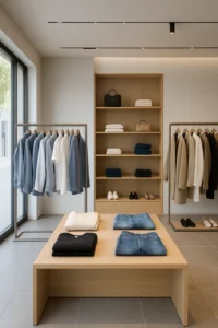Butik med minimalistisk design, der viser hængende jakker og skjorter i neutrale farver, foldede trøjer og jeans på et træbord samt hylder med tasker og sko.